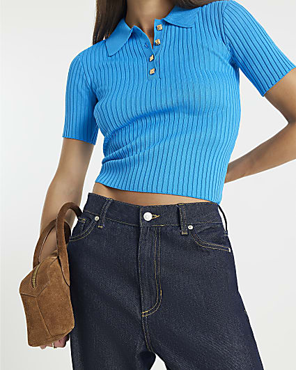 Blue Knit Ribbed Polo Top