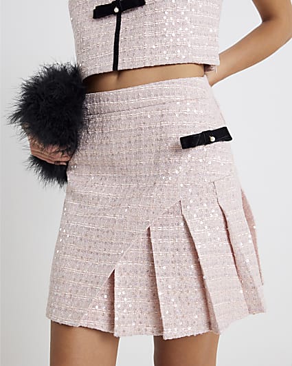 Pink Boucle Bow Pleated Mini Skirt
