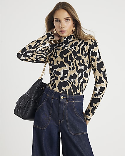Brown Knit Leopard Print High Neck Top