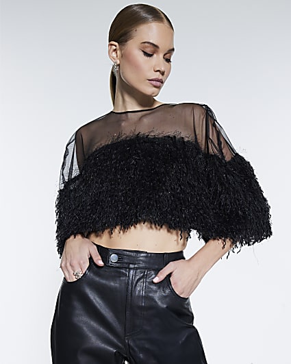 Black Faux Feather Trim Mesh Cape