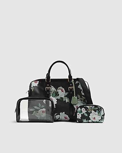 Black Floral Print Barrel Bundle Bag