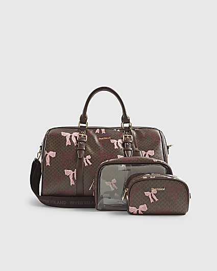 Brown Monogram Bow Print Barrel Bundle Bag