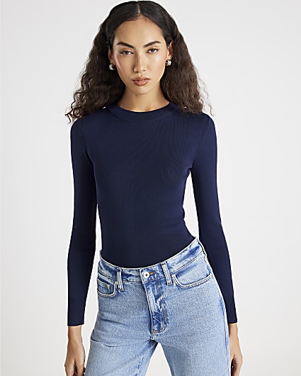 Navy Long Sleeve Lurex Bodyfit Knitted Top