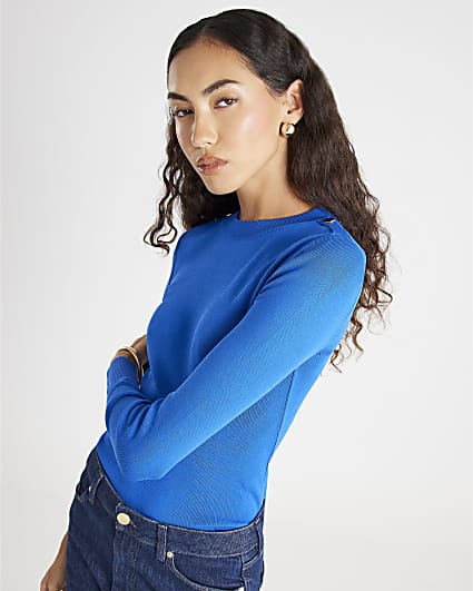 Blue Long Sleeve Lurex Bodyfit Knitted Top