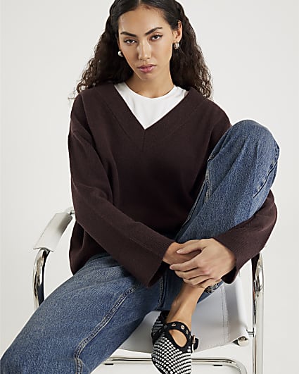Brown Knitted V Neck Jumper