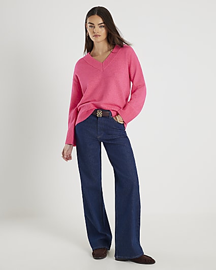 Pink Knitted V-Neck Jumper