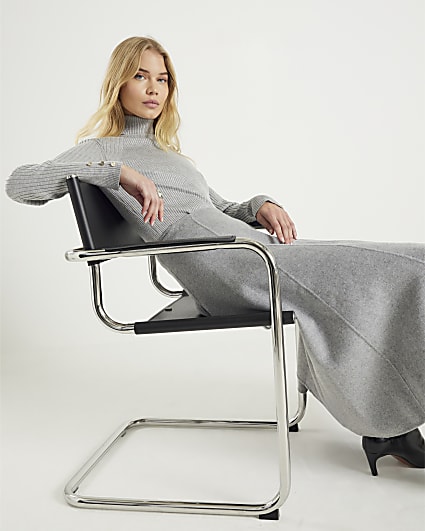 Grey Knit Ribbed Roll Neck Top