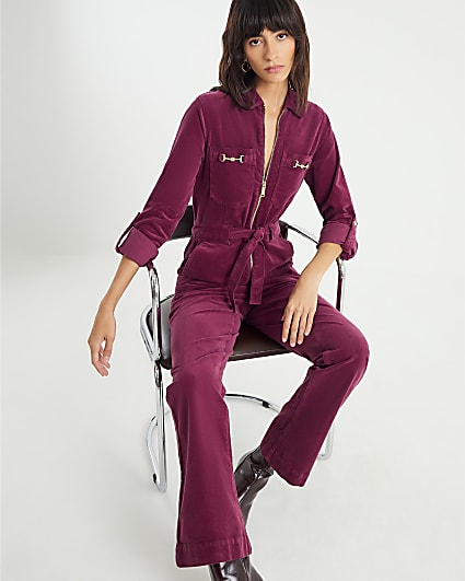 Red Corduroy Long Sleeve Snaffle Jumpsuit