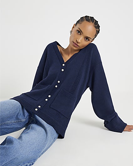 Navy Knitted Long Sleeve Cardigan