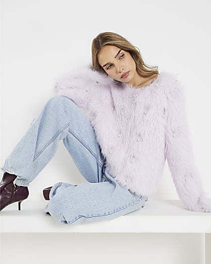 Purple Long Sleeve Faux Fur Cardigan