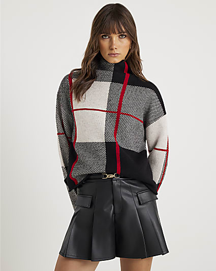 Black Check Print High Neck Jumper
