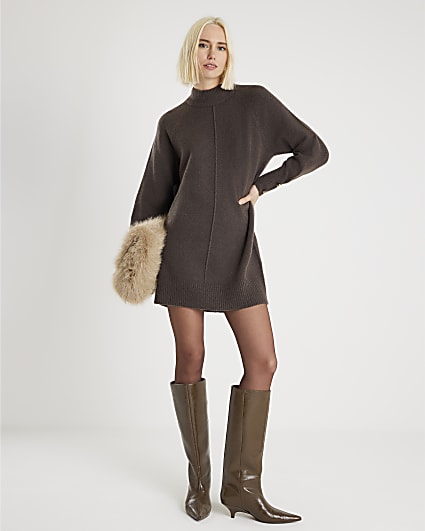 Brown Knitted Long Sleeve Jumper Dress