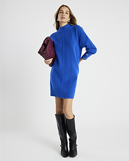 Blue Knitted Long Sleeve Jumper Dress