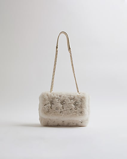 Cream Faux Fur Embellished Shoulder Bag