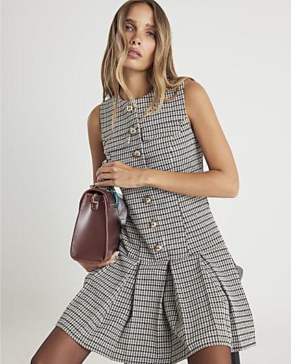 Grey Check Pleated Hem Mini Dress