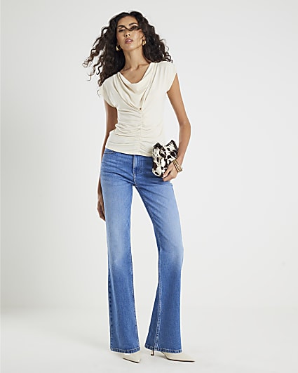 Cream Short Sleeve Cowl Neck Top