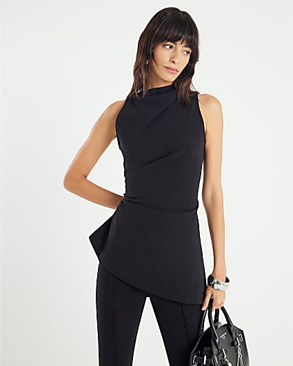 Black High Neck Asymmetric Peplum Top