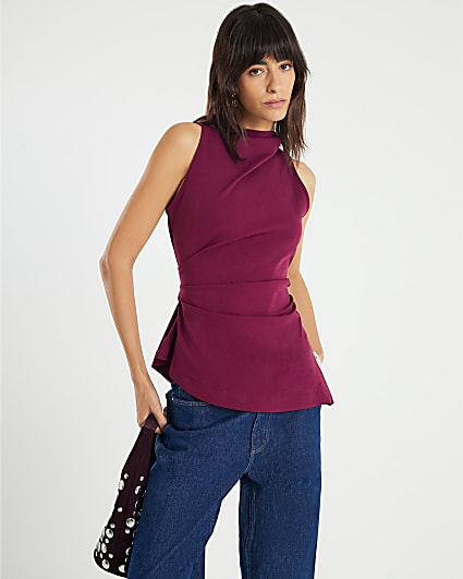 Red High Neck Asymmetric Peplum Top