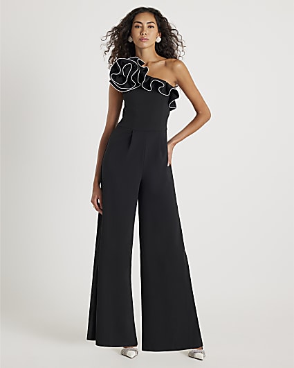 Black Asymmetric Tipped Frill Jumpsuit