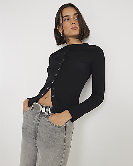 Black Long Sleeve Popper Through Ribbed Top
