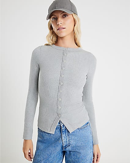 Grey Long Sleeve Popper Through Ribbed Top