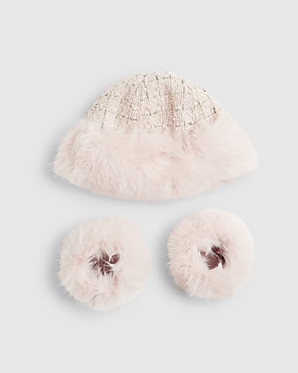 Pink Faux Fur Hat And Cuffs