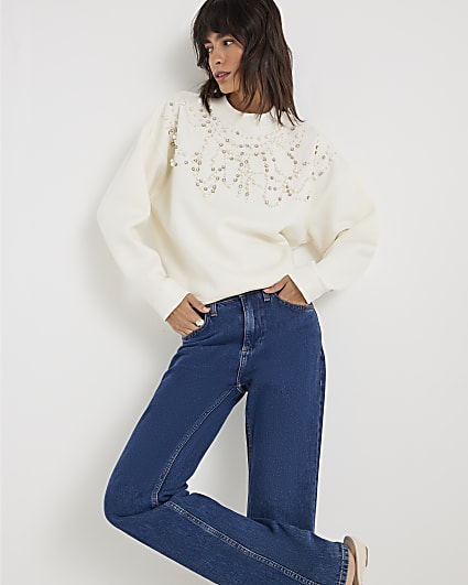Cream Long Sleeve Embellished Sweatshirt