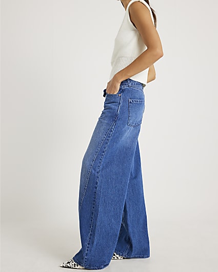 Blue Baggy Wide Leg Tie Waist Jeans