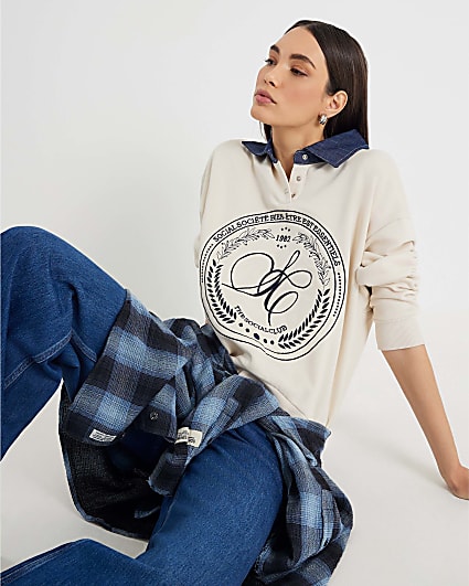 Cream Collared Long Sleeve Sweatshirt