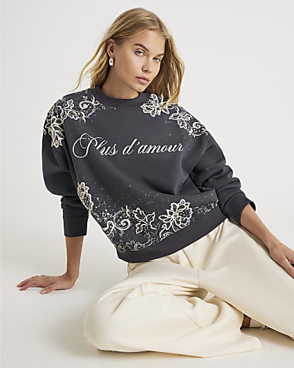 Grey Lace Print Embellished Sweatshirt