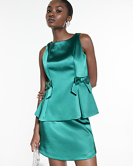 Green Satin Sleeveless Bow Peplum Top