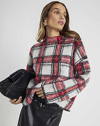 Red Long Sleeve Tartan Fluffy Jumper