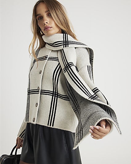 Grey Knitted Check Print Wrap Scarf Cardigan
