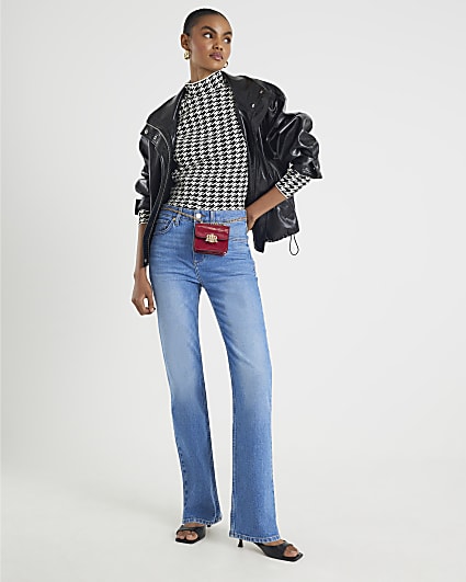 Black Knit Houndstooth High Neck Top
