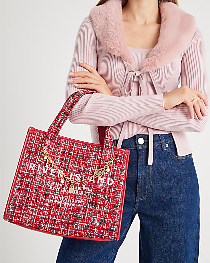 Red Boucle Embroidered Tote Bag