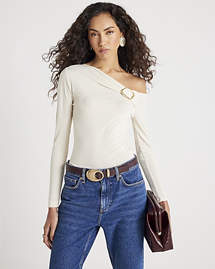 Cream Long sleeve gold Trim Drape Top