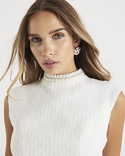 Cream Boucle Pearl Trim Bow back Top