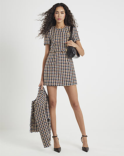 Brown Boucle Short Sleeve Check Mini Dress