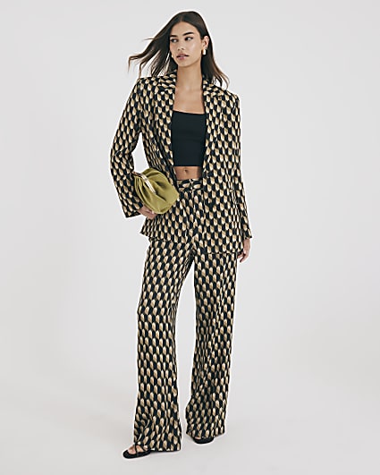 Green Geometric Skinny Flared Trousers