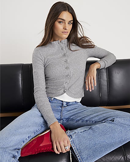 Grey Long Sleeve Curved Hem Top