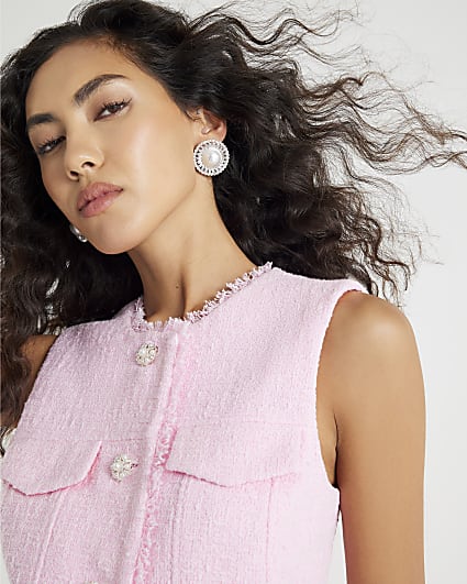 Pink Boucle Sleeveless Fringed Waistcoat