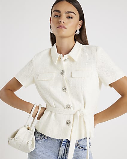 Cream Boucle Short Sleeve Collared Button Top