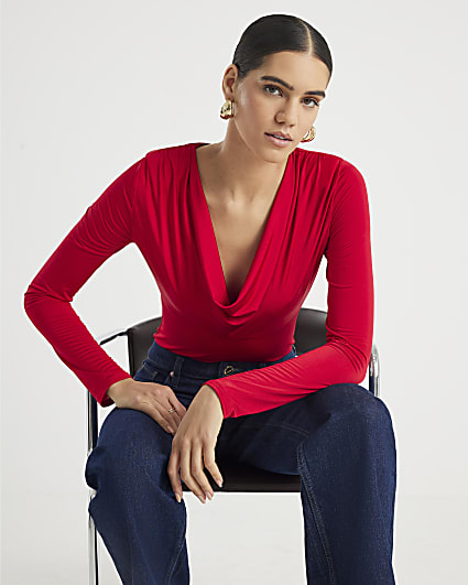 Red Cowl Neck Bodysuit