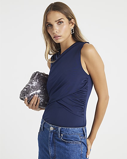 Navy Sleeveless Wrap Bodysuit