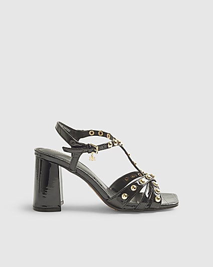 Black Studded T Bar Block Heel Sandals