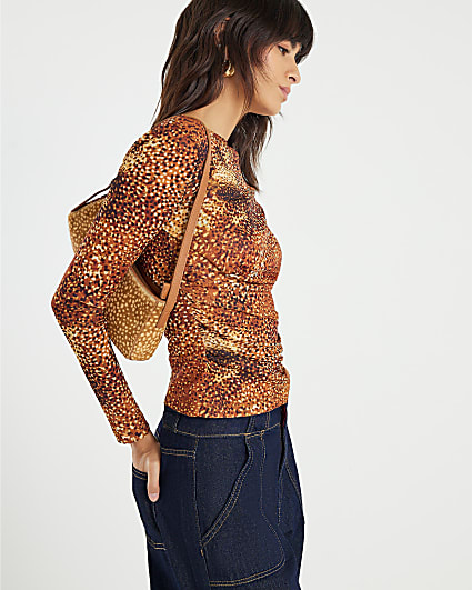 Brown Blurred Spot Print Mesh Long Sleeve Top