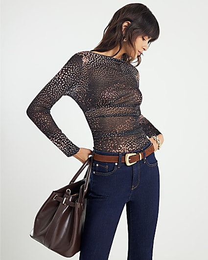 Black Blurred Spot Print Mesh Long Sleeve Top