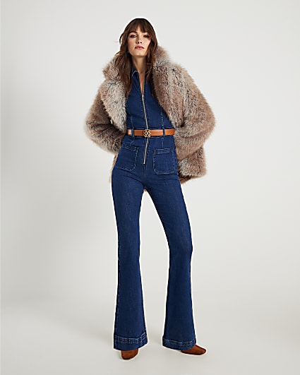 Blue Denim Long Sleeve Stretch Jumpsuit