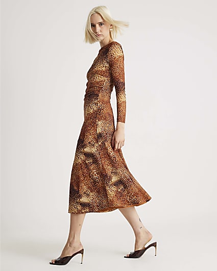 Brown Mesh Long Sleeve Spot Print Midi Dress
