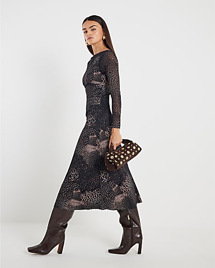 Black Mesh Long Sleeve Spot Print Midi Dress